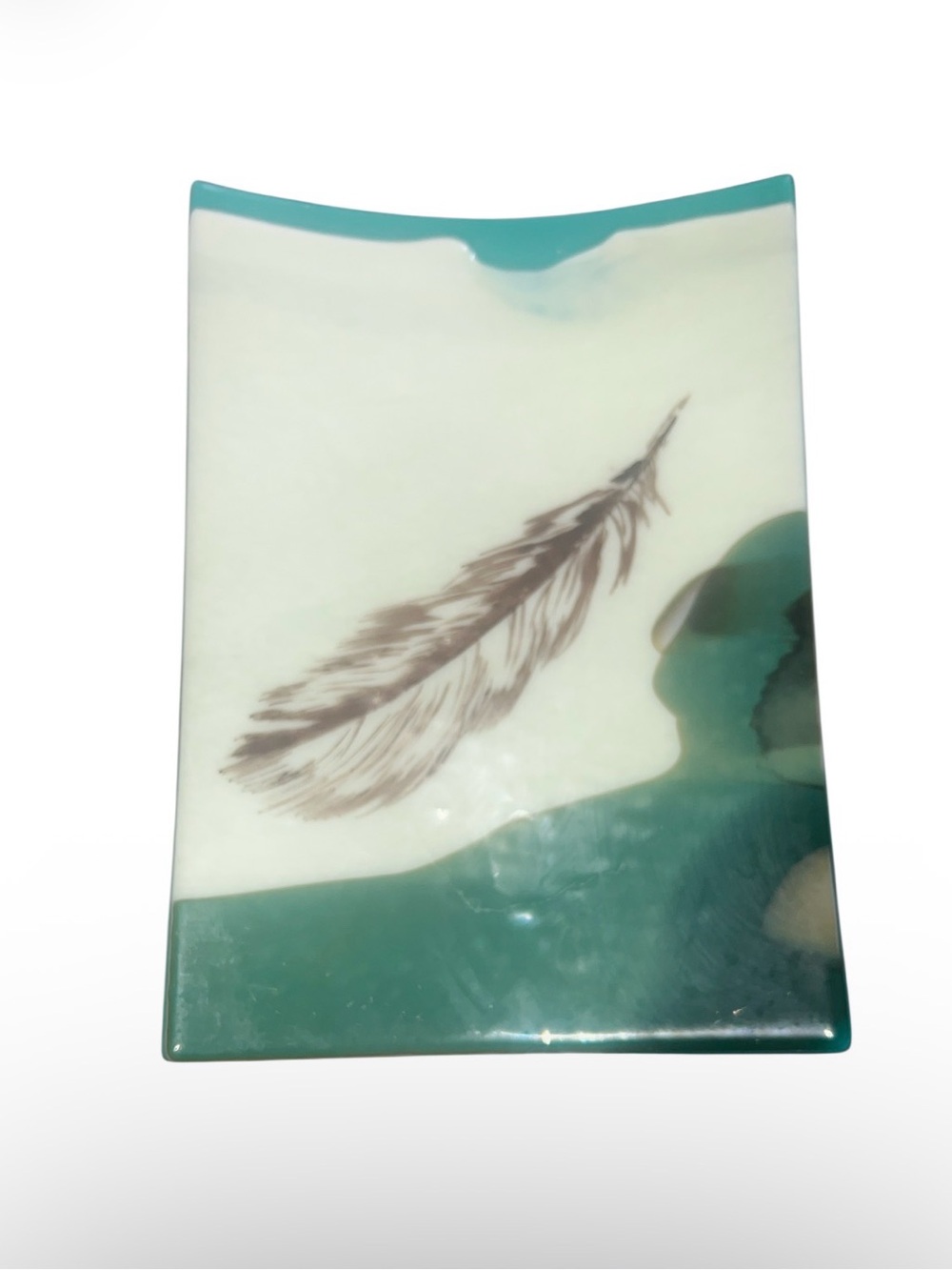 Robin Coulter Crabb Fused Glass Art Tray "Layered Vanilla Feather" Signed